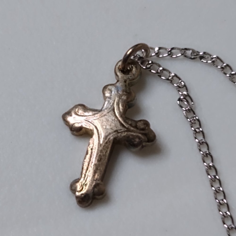 Tiny Sterling Creed Cross Pendant Necklace 13 Inches